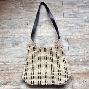 Vintage Villager Crochet Shoulder Bag Beige Knit Leather Strap Boho Tote